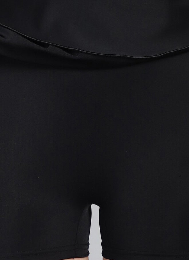 CUKOO Round Neck Black Solid Swimming Dress with Attached Skirt - Image 3